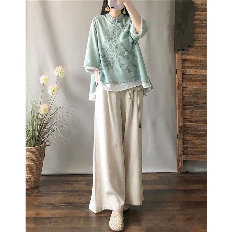 Áo Sơ Mi Vải Lanh Cotton Dáng Rộng Cài Nút Kiểu Trung Hoa Thời Trang Xuân Hè Cho Nữ