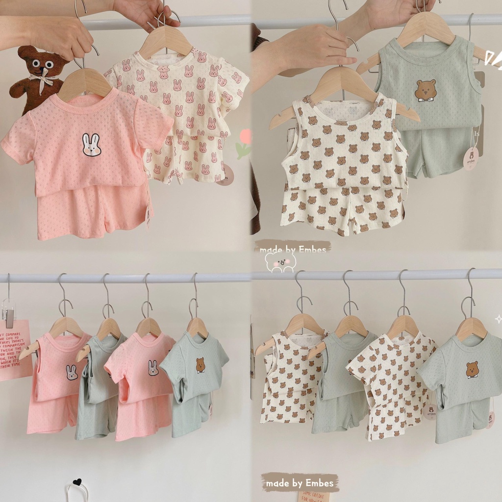 Embes Bộ quần áo cộc tay, Bộ quần áo ba lỗ sát nách họa tiết cho bé trai bé gái , bộ hè thông hơi cho bé 8kg đến 18kg