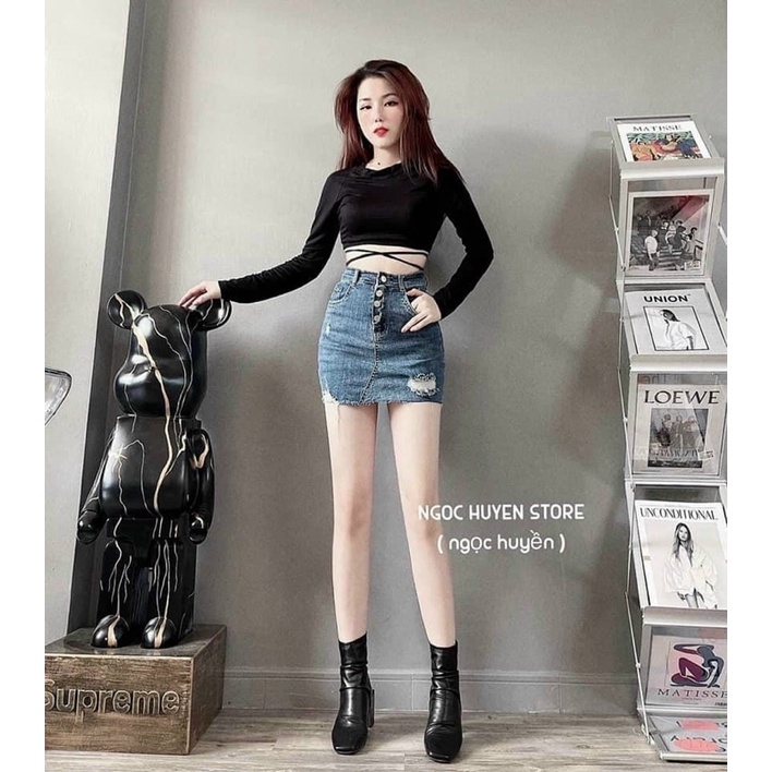 chân váy quần jean rách co giãn lưng siêu cao màu dơ ( hình thật kèm video)alohashop91