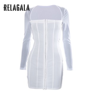 RelaGala Thời Trang Nữ Màu Trơn Lưới Dài Tay Móc Và Nút Đầm Eo Cao