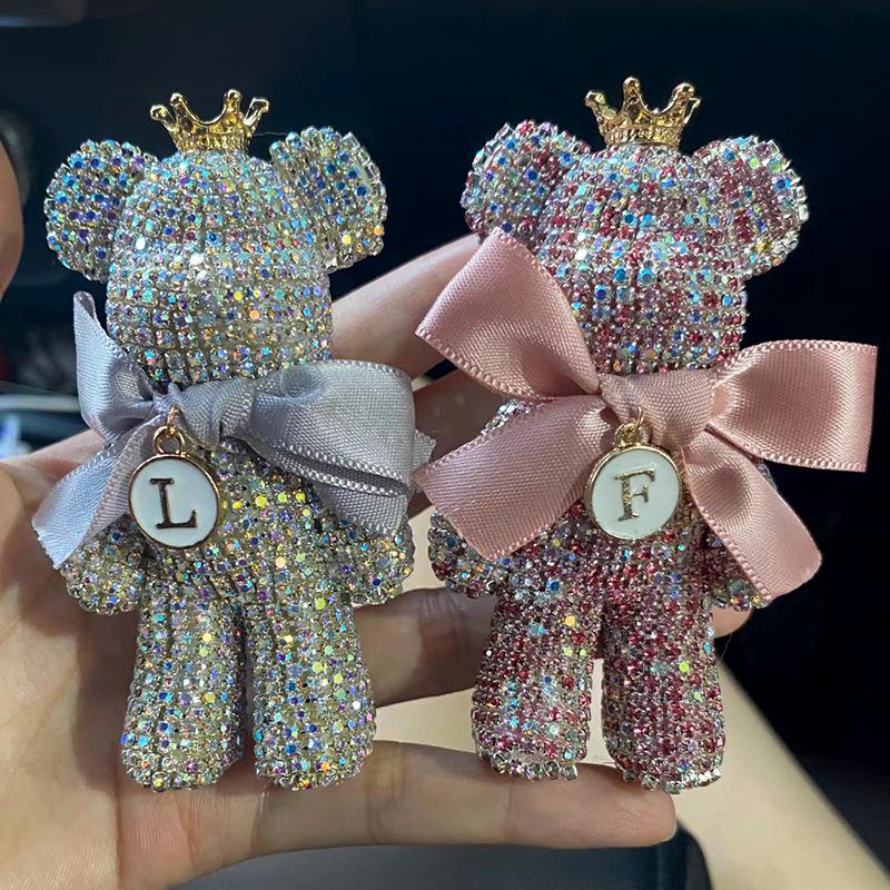 Sáp thơm ô tô, nước hoa oto kẹp cửa gió hình gấu đính đá phối nơ, nước hoa khử mùi ô tô sang trọng