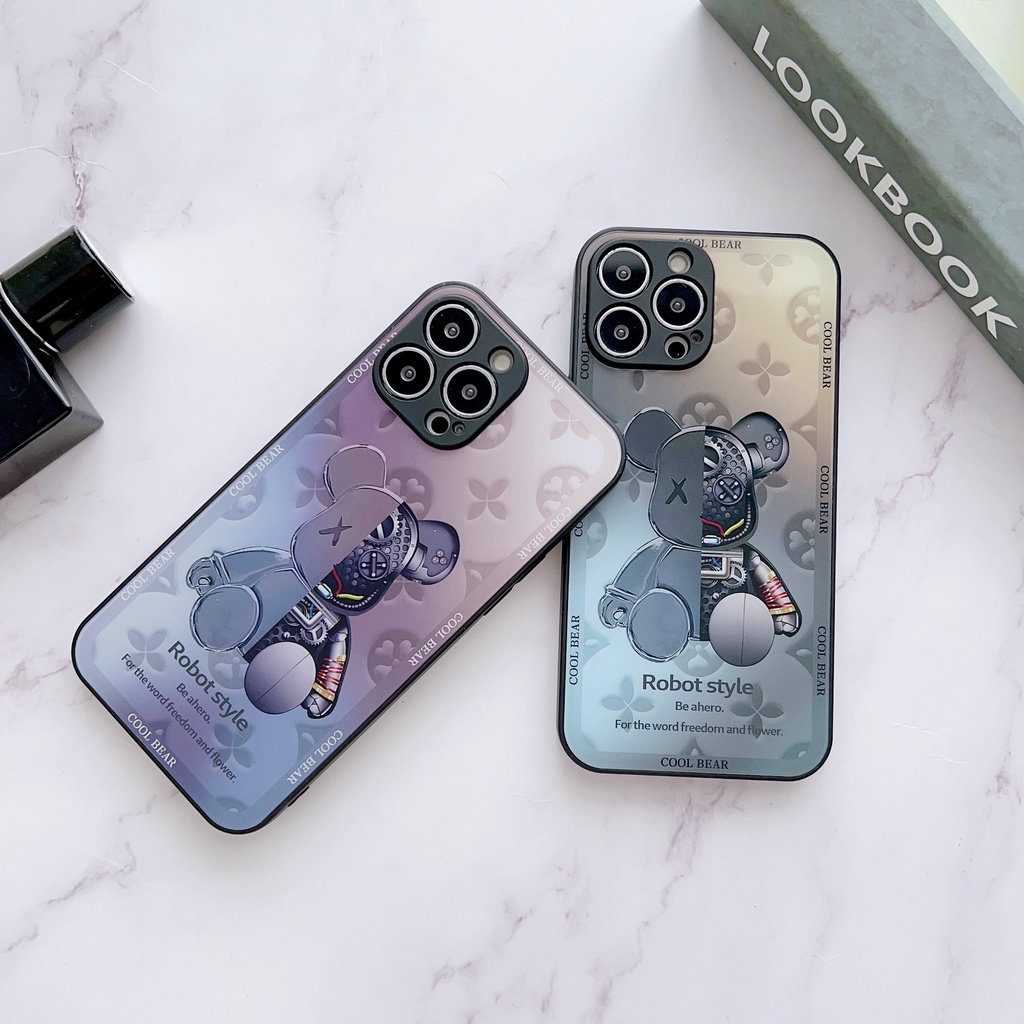 Ốp Điện Thoại Kính Cường Lực Viền tpu Dẻo In Hình Gấu Đơn Giản Thời Trang Cho iPhone 14 13 12 11 PRO MAX XR XS 7 8Plus