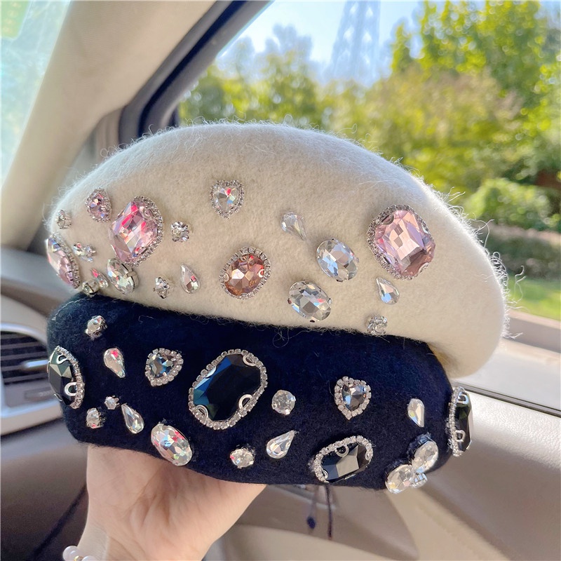 Mũ Beret Len Màu Đen Đính Đá Phong Cách Vintage Thời Trang Kpopive WonYoung