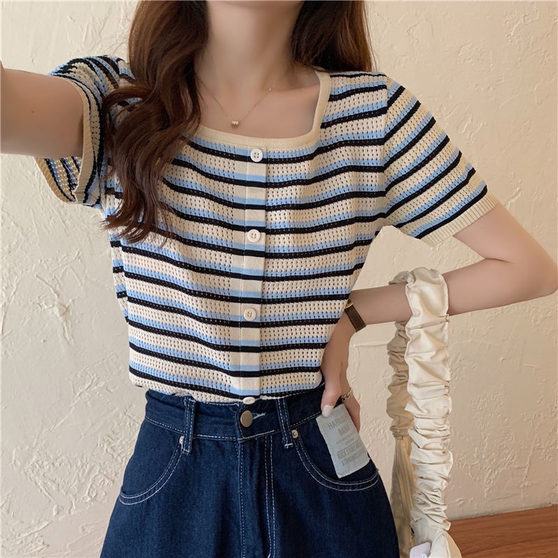 Áo Thun Dệt Kim Ngắn Tay Cổ Vuông Họa Tiết Kẻ Sọc Thời Trang Mùa Hè Mới