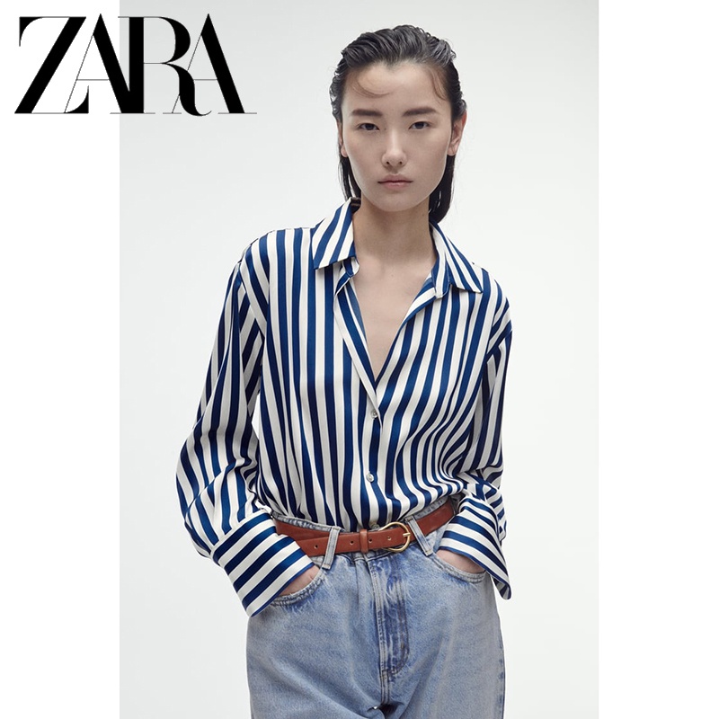 Zara Áo Sơ Mi Vải Lụa satin Kẻ Sọc Thời Trang Mùa Xuân Cho Nữ