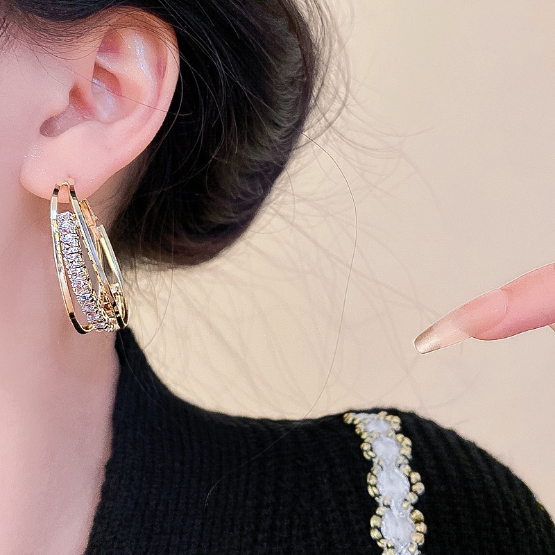 Bông Tai Nhiều Lớp Đính Đá zircon Phong Cách Âu Mỹ Cá Tính Thời Trang