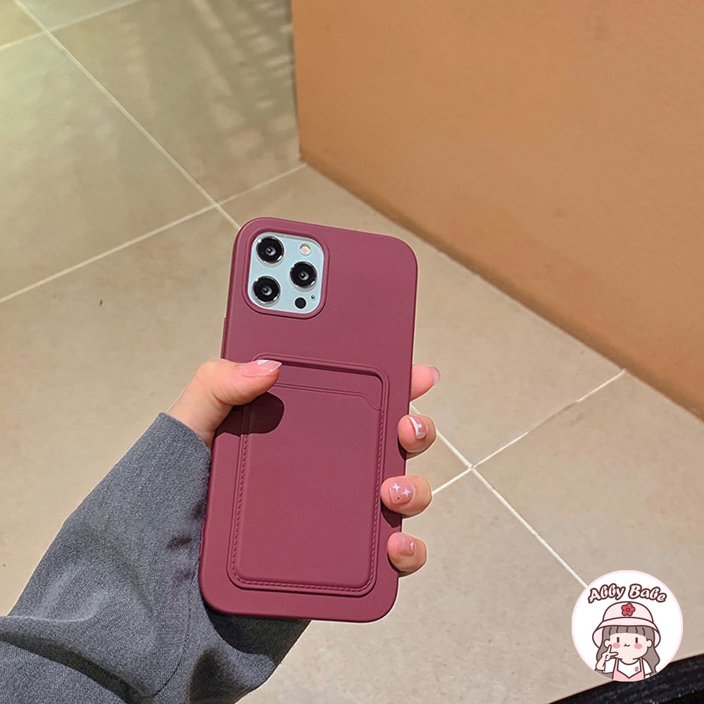 Ốp Điện Thoại Silicon Dẻo Màu Đỏ Rượu Có Ngăn Đựng Thẻ Chống Bụi Cho IPhone 14 Pro Max 13 12 11 Pro Max