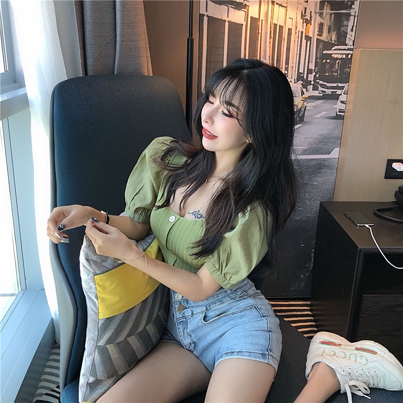 áo croptop dệt kim tay ngắn len trễ vai nữ cổ vuông dáng ôm thời trang mùa hè mới cho nữ