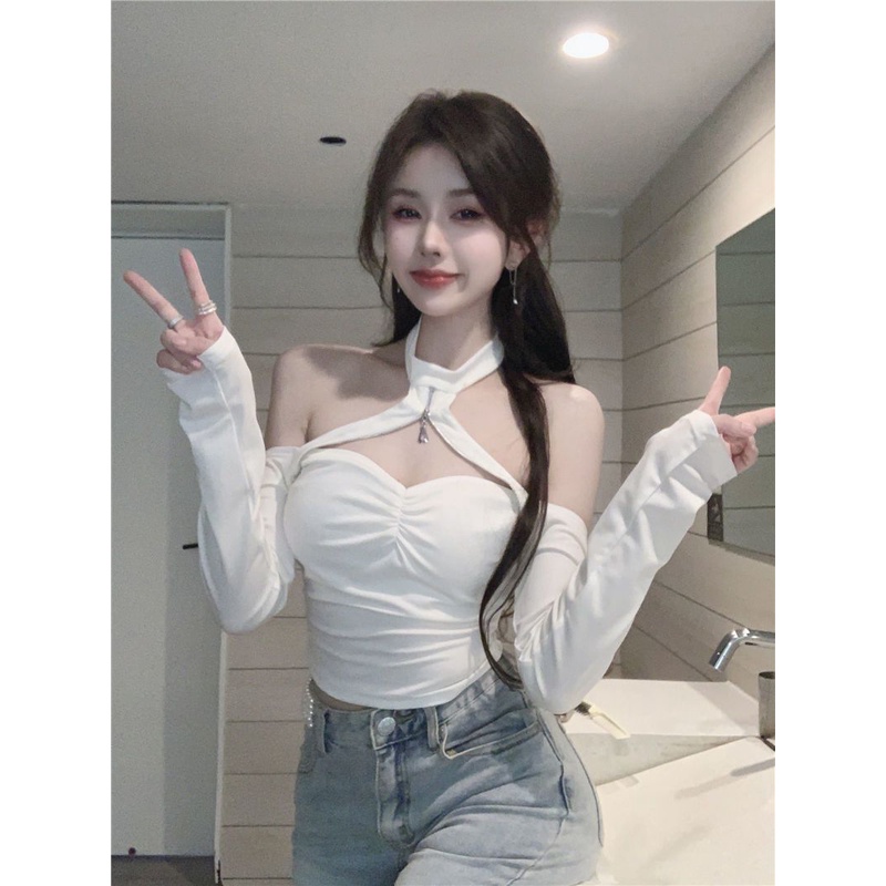 COZOK Áo Thun Tay Dài Trễ Vai Màu Sắc Đơn Giản Quyến Rũ