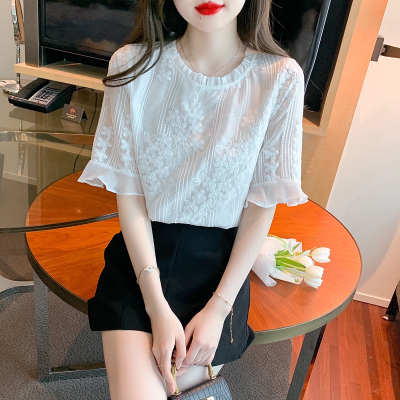 Áo Sơ Mi Chiffon Tay Loe Màu Trắng Thời Trang Mùa Hè Phong Cách Hàn Quốc Dành Cho Nữ