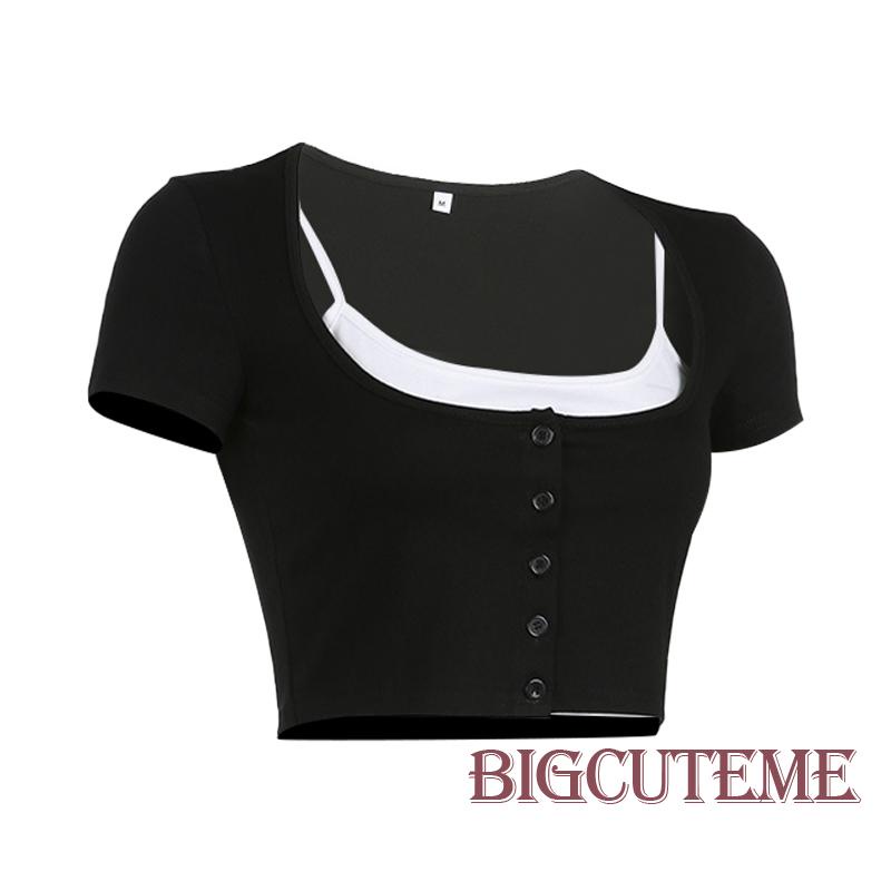 Áo Thun Lửng Ngắn Tay Cổ Chữ U Giả Hai Lớp Màu Sắc Tương Phản Thời Trang Cho Nữ