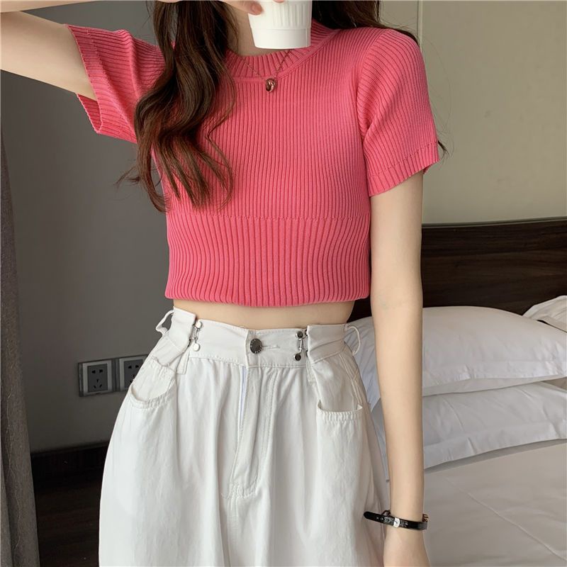 Áo Thun croptop Dệt Kim Tay Ngắn Cổ Tròn Dáng Ôm Thời Trang Mùa Hè Hàng Mới 2023 Dành Cho Bạn Nữ