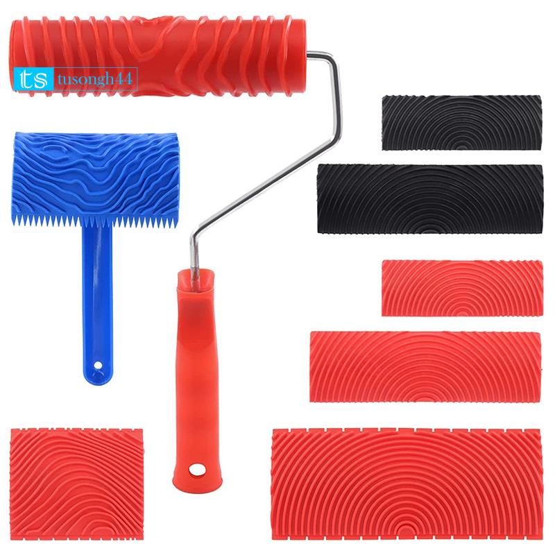Bộ 8 Cây Lăn Sơn Họa Tiết Vân Gỗ Có Tay Cầm Trang Trí Tường DIY