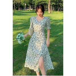 Đầm Denim Dáng Chữ A Tay Phồng Cổ Chữ v Họa Tiết Hoa Phong Cách Retro Dành Cho Nữ Size M-4XL 100kg