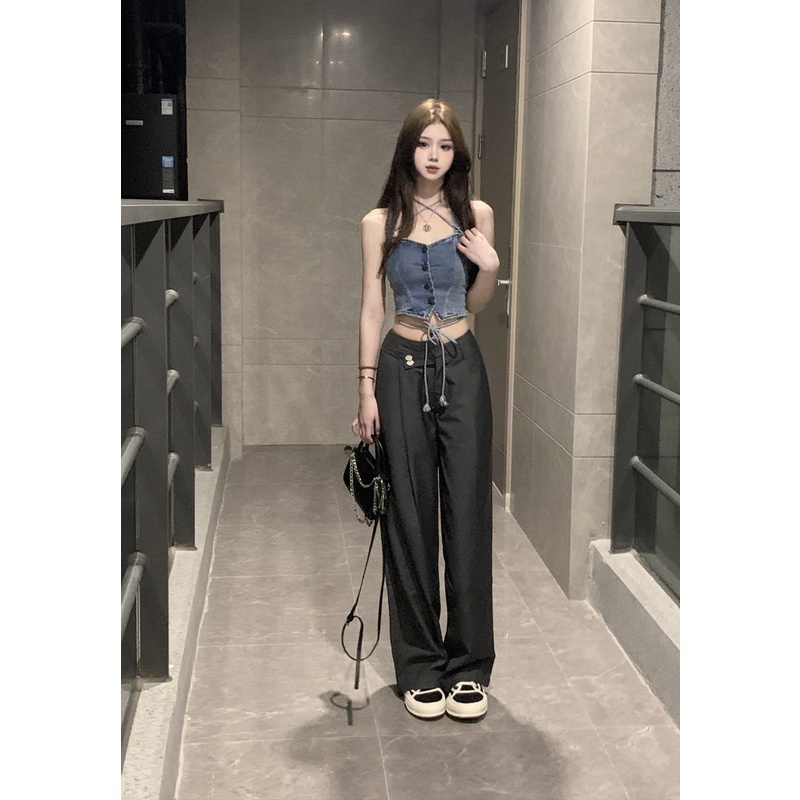 Áo Crop Top Denim Phong Cách Vintage Mỹ Gợi Cảm Cho Nữ