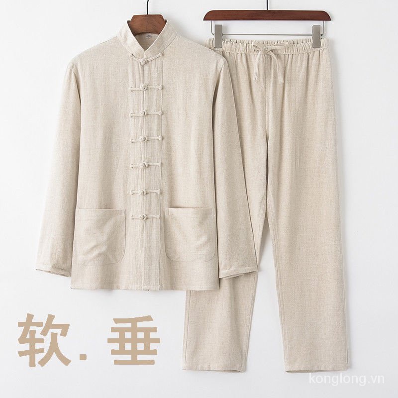 Bộ Quần Áo Tập Thái Cực Quyền Bằng Cotton Lanh Dài Tay Dáng Rộng Cài Khóa Phong Cách Retro Cho Nam Giới Trung Niên MX1