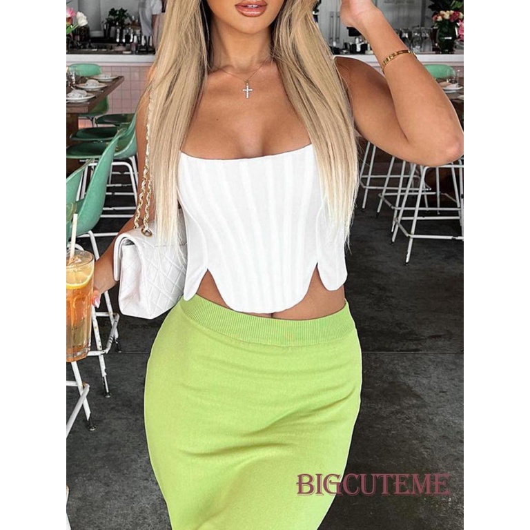 [] - Áo Hai Dây Mỏng Mùa Hè Viền Cắt Sâu Không Đều Màu Trắng / Đen Cho Nữ