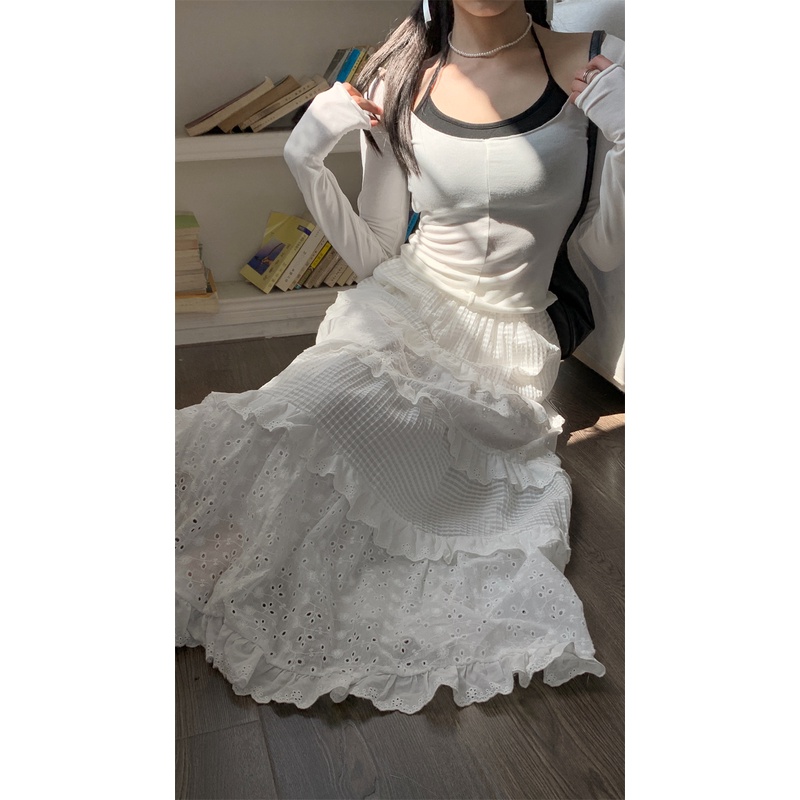 「Nonfatgirl」Chân Váy Len Lưng Cao Dáng Rộng Màu Trắng Thời Trang Cho Nữ