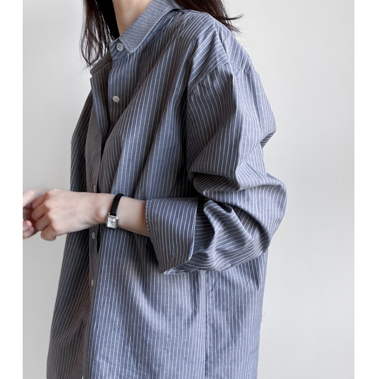 Áo sơ mi SUXI tay dài dáng rộng họa tiết kẻ sọc phong cách tối giản thời trang mùa xuân