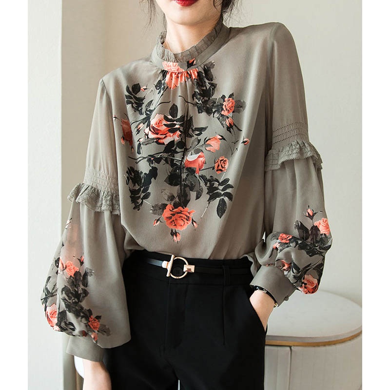 Áo Sơ Mi Tay Phồng Cổ Đứng Cỡ Lớn Thoáng Khí Thoải Mái Thời Trang Phong Cách Hàn Quốc