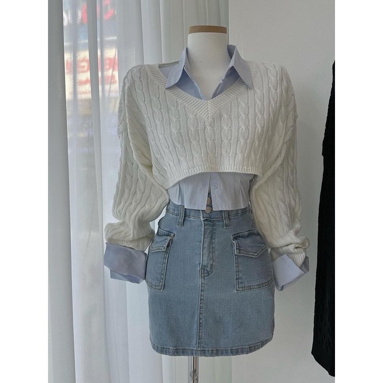 Bộ Áo Sweater Dệt Kim + Chân Váy Denim Thời Trang Retro Hàn Quốc 2023 Cho Nữ