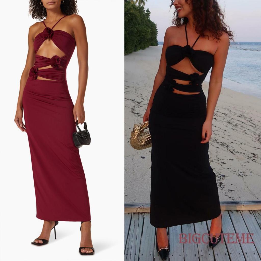 [] Đầm Dài Không Tay Dáng Ôm Hở Lưng Màu Đen Thời Trang Mùa Hè Cho Nữ