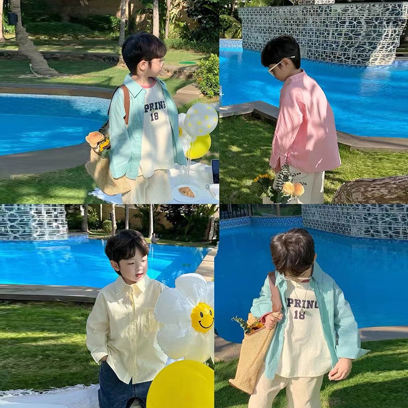 Áo Sơ Mi Tay Dài Màu Trơn Chất Liệu Cotton Thời Trang Cho Bé Trai