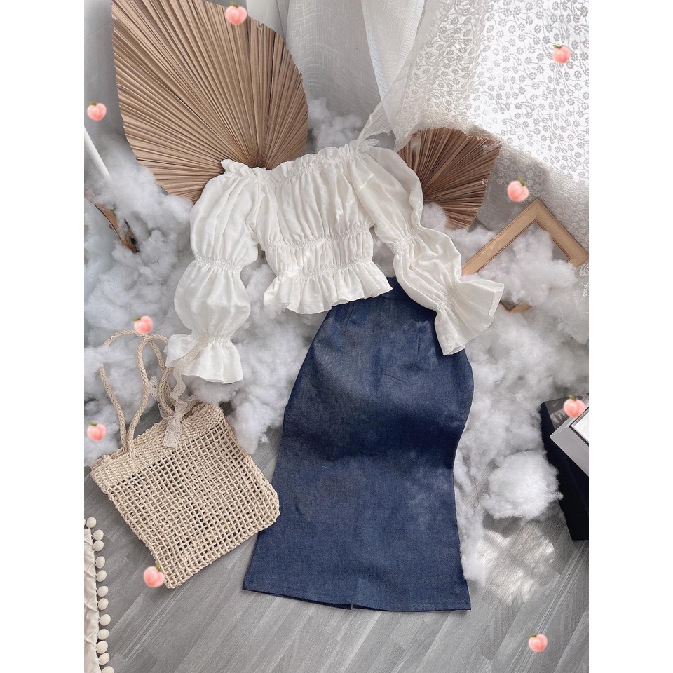 Set áo trắng bẹt vai tay dài+chân váy midi xanh💖 KÈM ẢNH THẬT