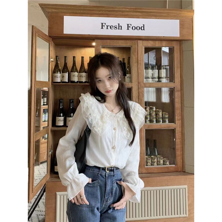 Áo Sơ Mi Tay Dài Cổ Búp Bê Phối Ren Thời Trang Mùa Xuân Xinh Xắn Cho Nữ