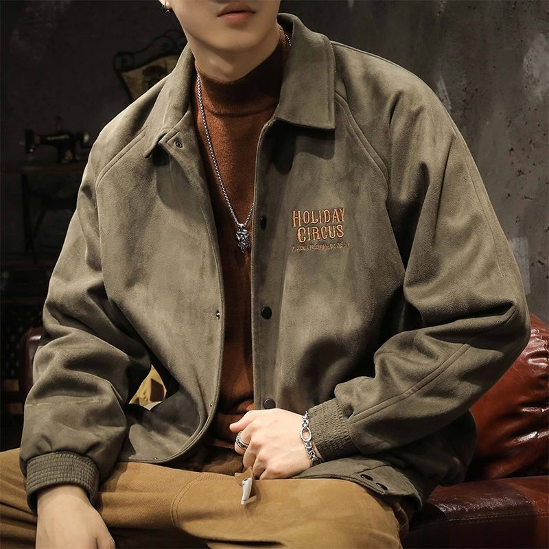 【luckin men's】chất lượng cao，áo gió nam，bigsize，Áo Khoác Bóng Chày Da Lộn Thêu Họa Tiết Phong Cách Mỹ Cho Nam，áo tay dài，áo len nam xanh，đen，đồ bộ nam，thời trang nam，