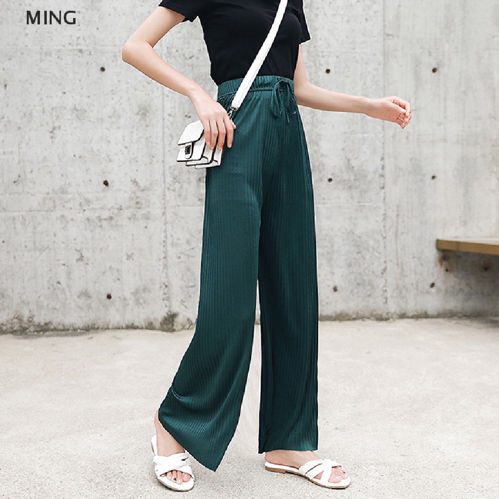 Quần Lửng Ống Rộng Xếp Ly Vải Lụa Mát Phong Cách Hàn Quốc Cho Nữ