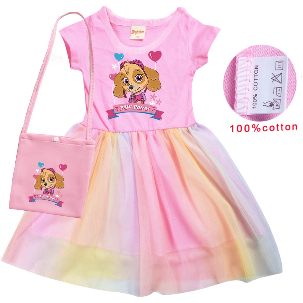 Set Đầm Xòe + Túi Cotton Tay Ngắn Họa Tiết Hoạt Hình Paw Patrol Cho Bé Gái