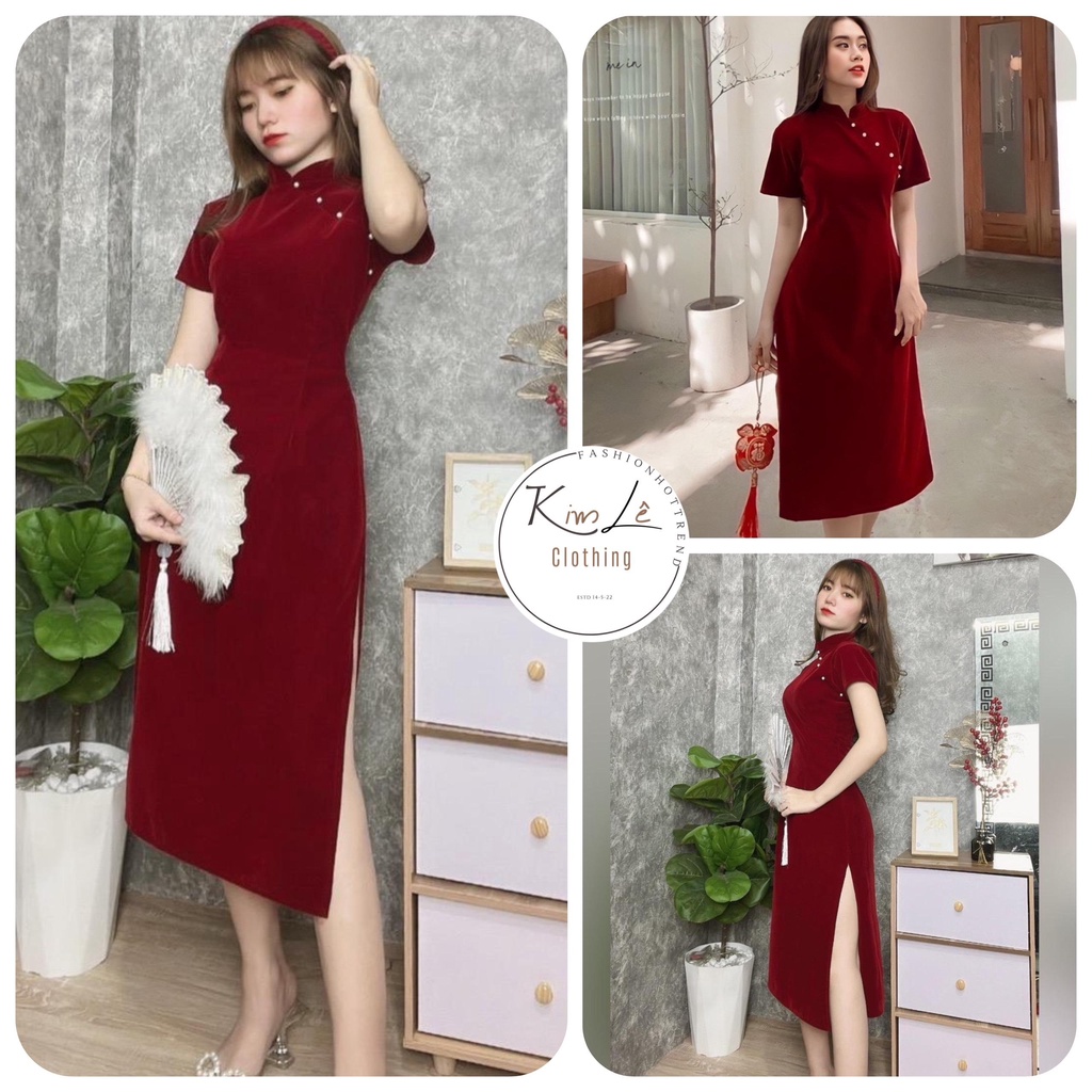 Sườn Xám Nhung Đính Cườm Dáng Lửng Xẻ Tà 2 Bên Cực Trẻ Trung Sang Chảnh Freesize: 46-56Kg (tùy chiều cao)