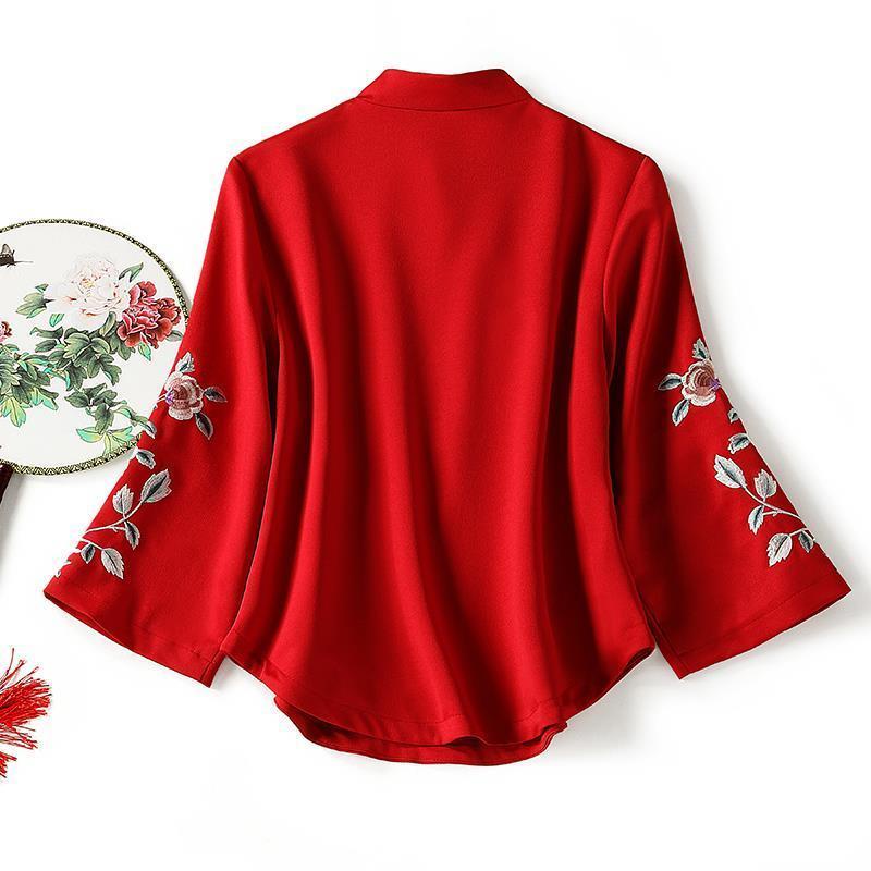 Áo Kiểu Phối Nút Họa Tiết Thêu Phong Cách Trung Hoa Thanh Lịch