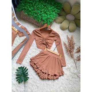 Set váy bèo dây rút ngực tay dài kèm chân váy bèo rút dây màu đen alohashop91