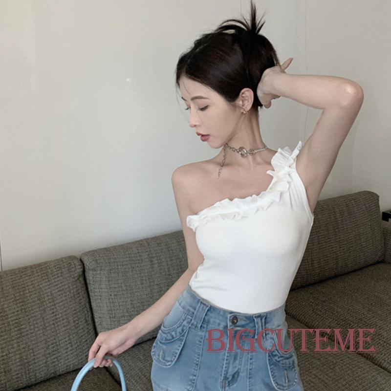[] Áo Crop Top Không Tay Một Bên Vai Có Gân Ôm Dáng Màu Trơn Mùa Hè Cho Nữ
