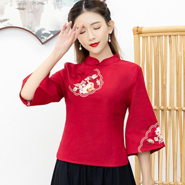 Set Áo + Chân Váy / Áo Cotton Lanh Cổ Đứng Phong Cách Dân Tộc Trung Hoa Truyền Thống Mùa Hè Cho Nữ