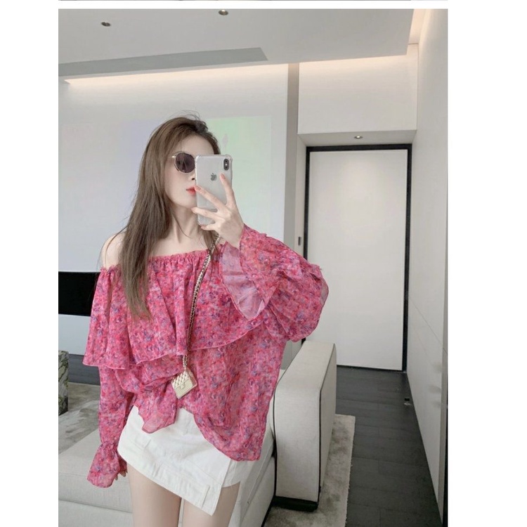 Áo kiểu trễ áo trễ vai Off Shoulder Áo Sơ Mi Chiffon Floral Tay Loe Trễ Vai Dáng Rộng In Hoa Thời Trang Mùa Hè Cho Nữ