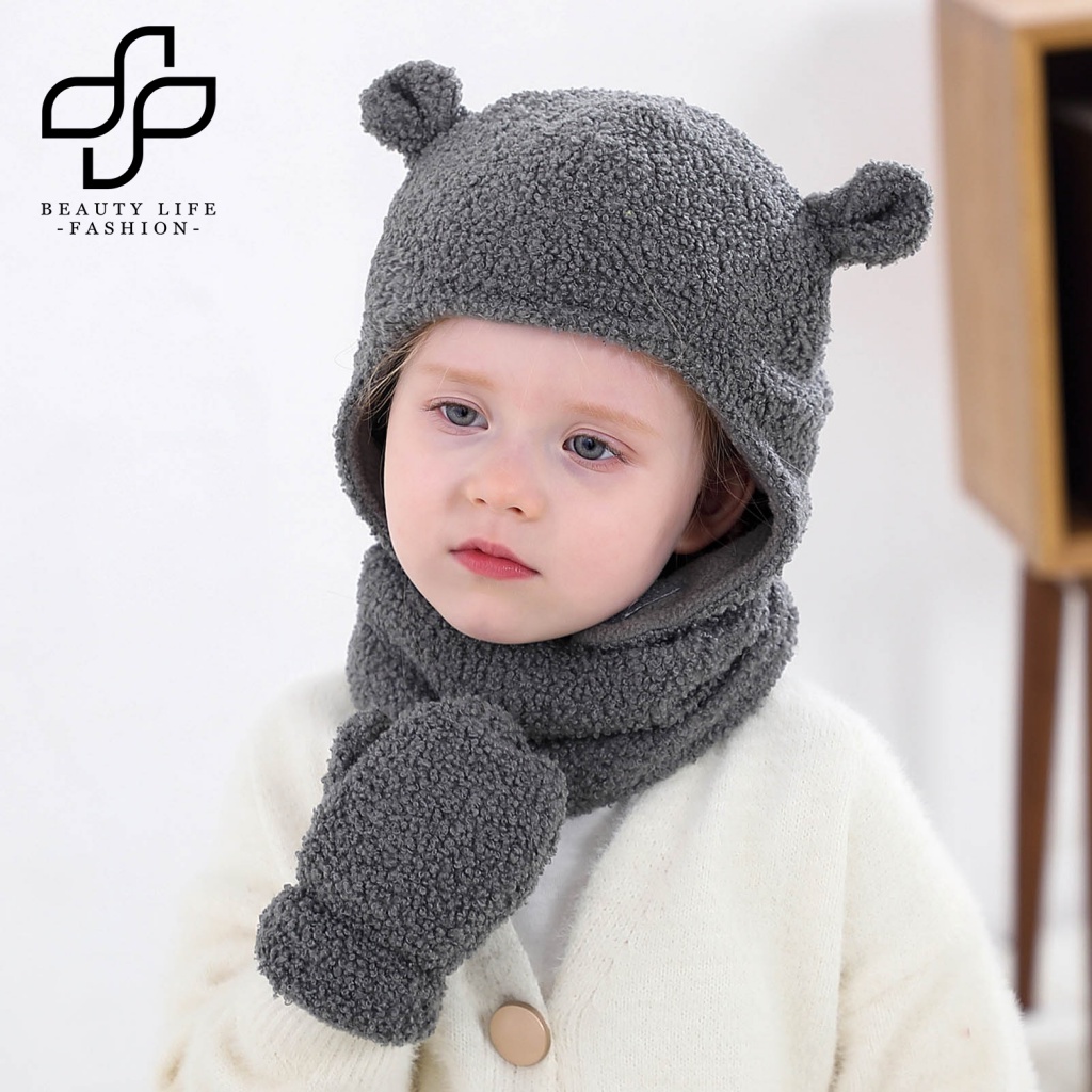 1 Bộ Nón Và Khăn Choàng Cổ Bằng Vải Bông Hai Tai Giữ Ấm Màu Trơn Thời Trang Dành Cho Trẻ 1-4 Tuổi