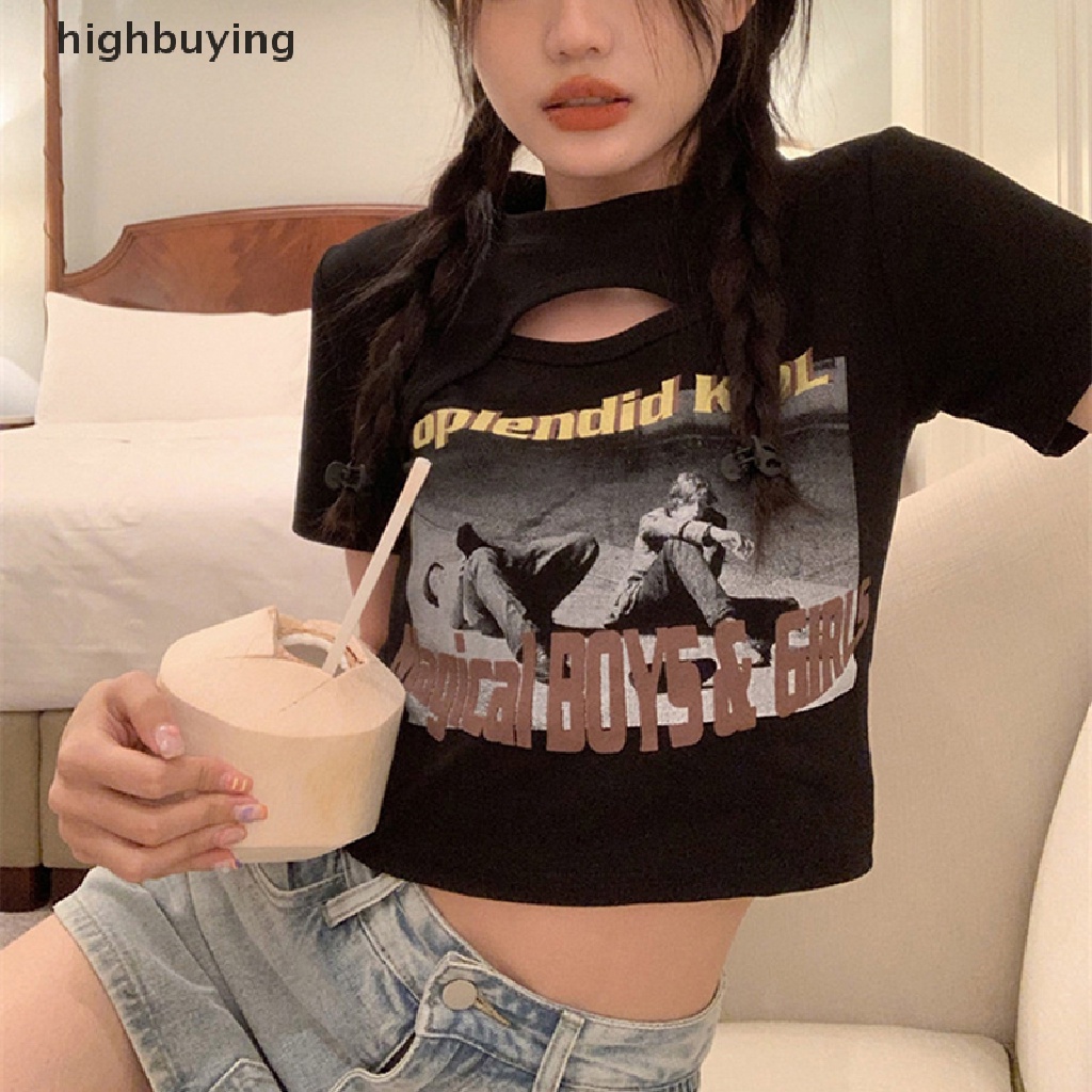 Áo Thun Lửng Ngắn Tay Cổ Tròn In Họa Tiết Vintage Cho Nữ