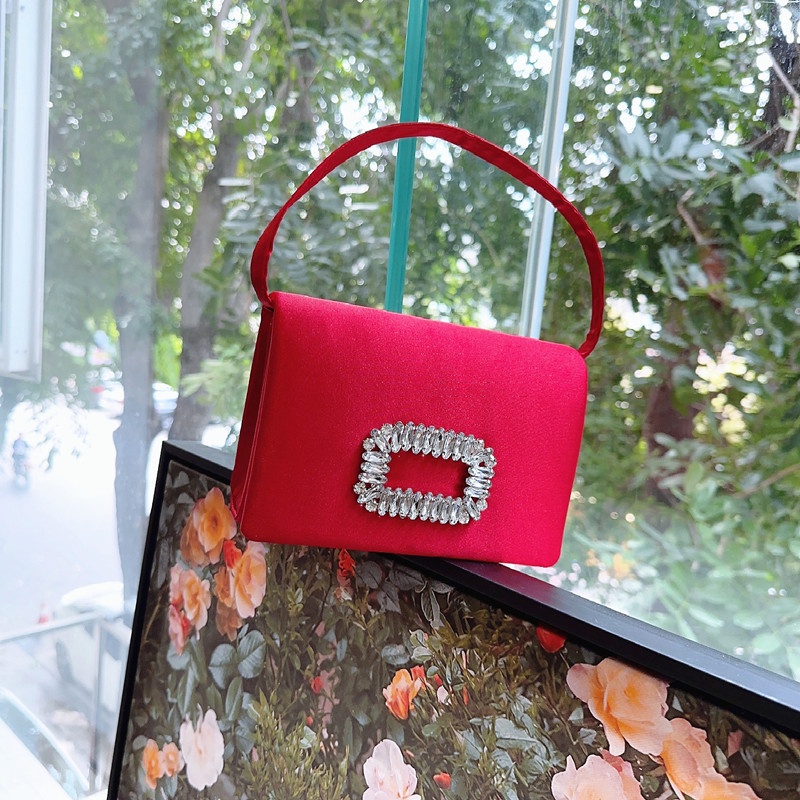 Túi Xách Đeo Chéo Vải satin Hình Vuông Đính Đá Lấp Lánh Kiểu Pháp Cho Nữ