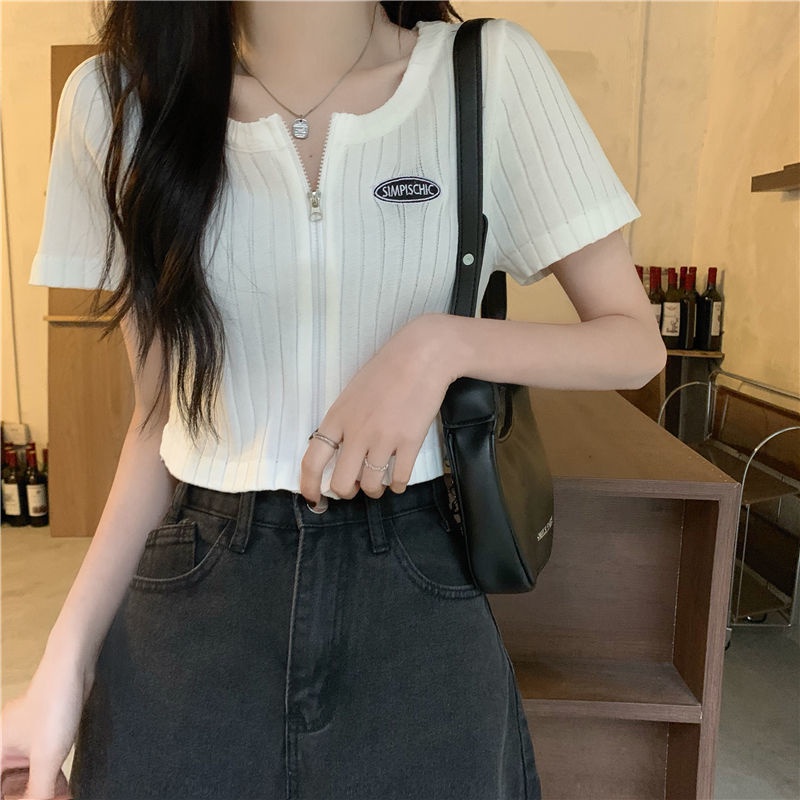 Áo Dệt Kim Tay Ngắn Phối Khóa Kéo Thời Trang Mùa Hè Cho Nữ