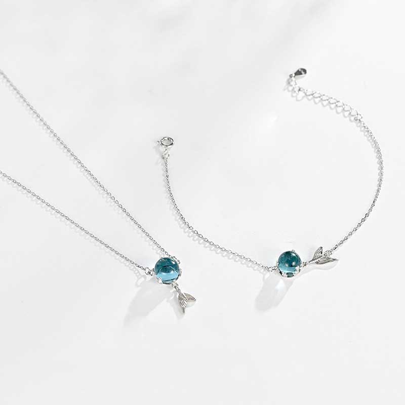 Bộ Trang Sức Vòng cổ / Vòng Tay / Khuyên Tai Bằng Thép Titan Đính Đá Zircon Đuôi Nàng Tiên Cá Màu Xanh Dương Đơn Giản