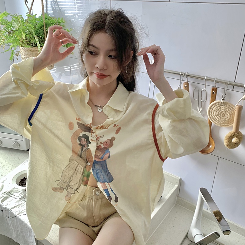 IELGY Áo Sơ Mi Tay Dài In Họa Tiết Hoạt Hình Phong Cách Hàn Quốc Cho Nữ