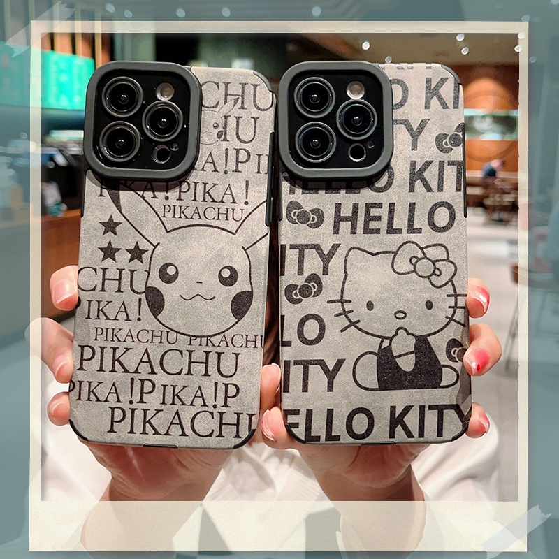 Ốp Điện Thoại Bằng Da Nhung Hình Mèo Kitty / pikachu Cho iPhone 14 11 XS 7 8 XR 12 X 13 Pro Max Plus