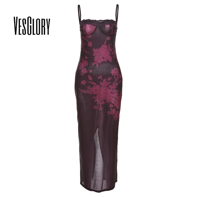 Vesglory Đầm Dáng Ôm Cổ Chữ U Màu Trơn Phối Ren Thời Trang Quyến Rũ Cho Nữ