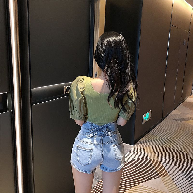 áo croptop dệt kim tay ngắn len trễ vai nữ cổ vuông dáng ôm thời trang mùa hè mới cho nữ