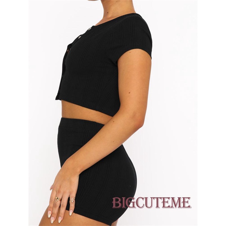 Set Đồ Mùa Hè 2 Món Gồm Áo Tay Cộc Cổ Tròn Cài Nút + Quần Ngắn Lưng Cao Màu Trơn Cho Nữ