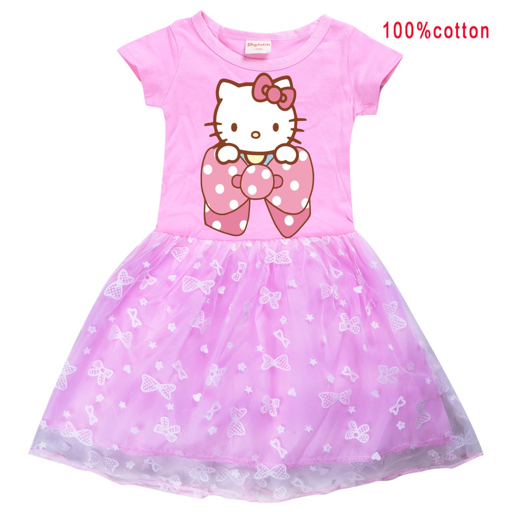 Hoạt Hình Đầm Xòe Tay Ngắn In Hình Hello Kitty Dành Cho Bé Gái 2-10 Tuổi