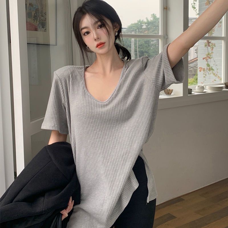 Áo Thun Tay Lỡ Cổ Chữ v Dáng Rộng Xẻ Tà Thời Trang Mùa Hè Hàn Quốc Cho Nữ